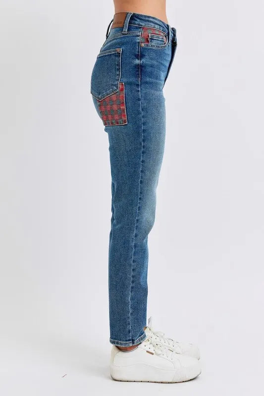 Full Size HW Plaid Patch Slim Fit Jeans Plus Size