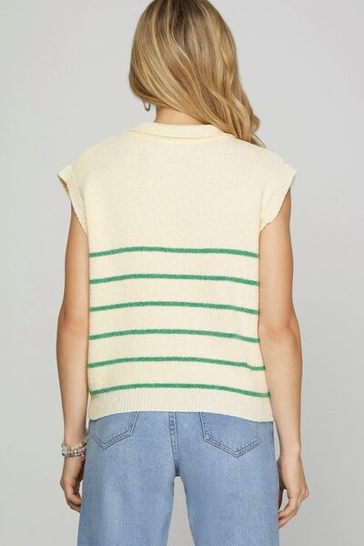 Full Size Ribbed Hem Striped Half Zip Sweater Vest Plus Size