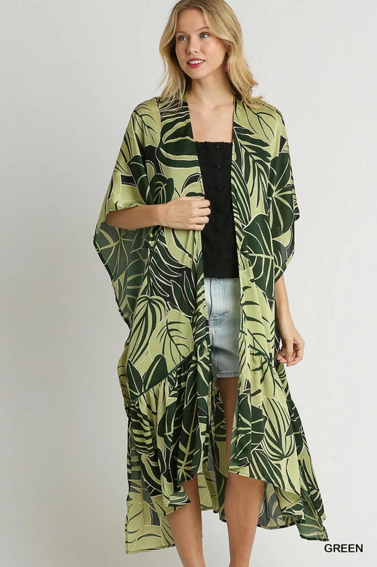 Satin Tropical Flora Open Front Kimono with Ruffle Accents