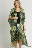 Satin Tropical Flora Open Front Kimono with Ruffle Accents