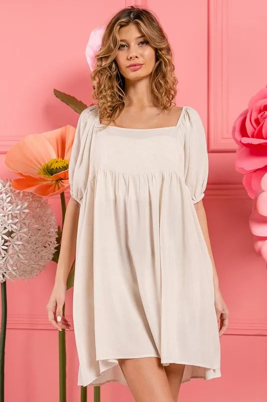 Washed Linen Tiered Midi Dress with Puff Sleeves