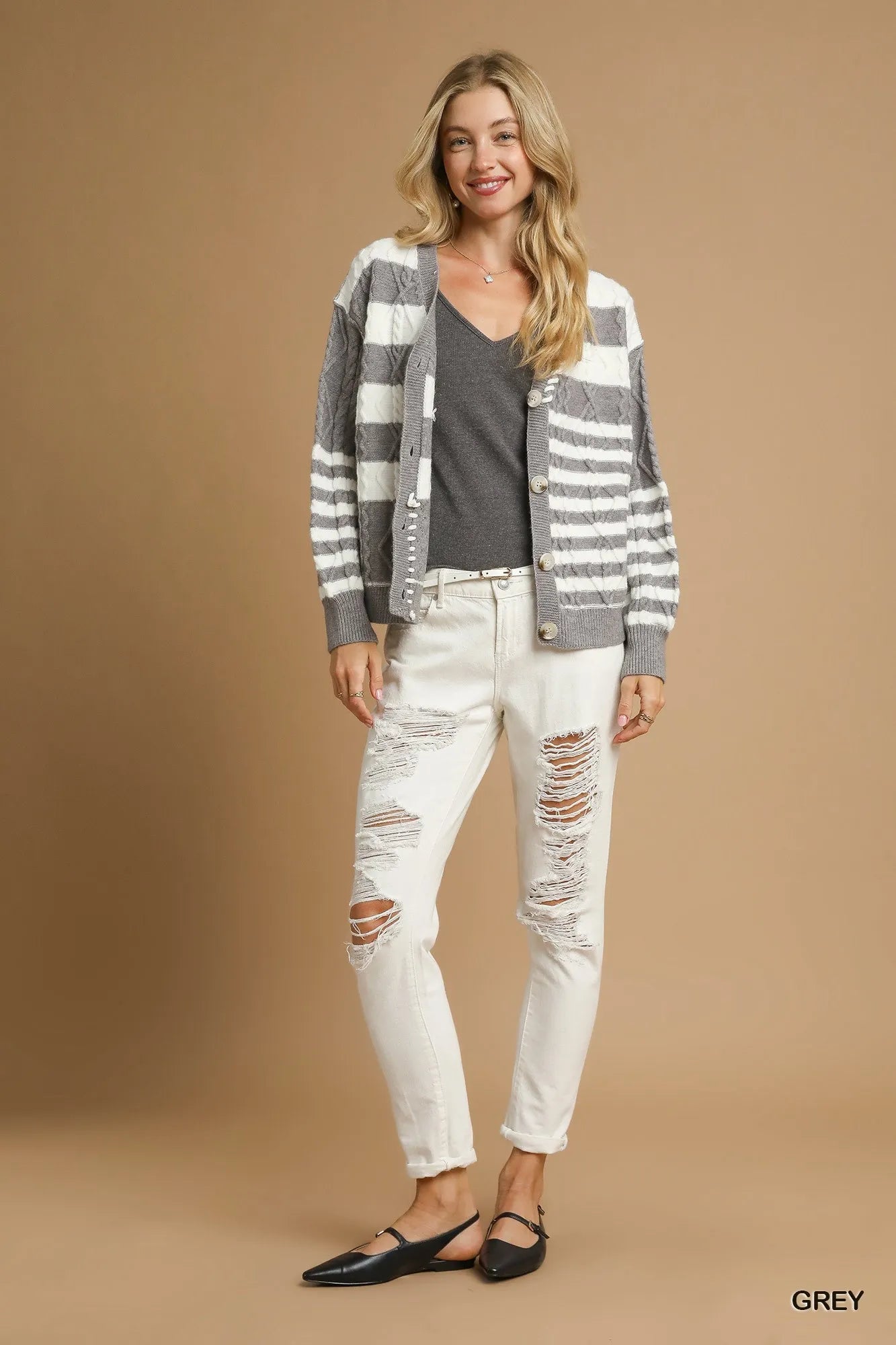 Cable-Knit Stripe Classic Button-Down Cardigan