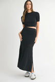 Pointelle Short Sleeve Crop Top and Slit Skirt Sweater Set