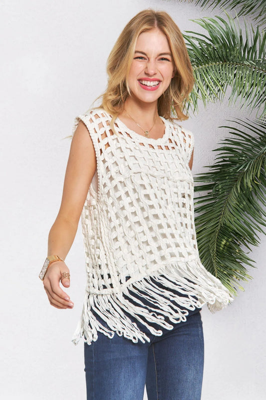 Fishnet Cover Up Top With Fringe Hem