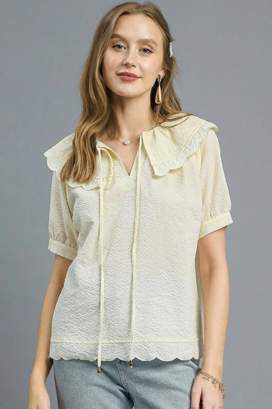 Ivory Ruffled Collar Textured Short Sleeve Blouse