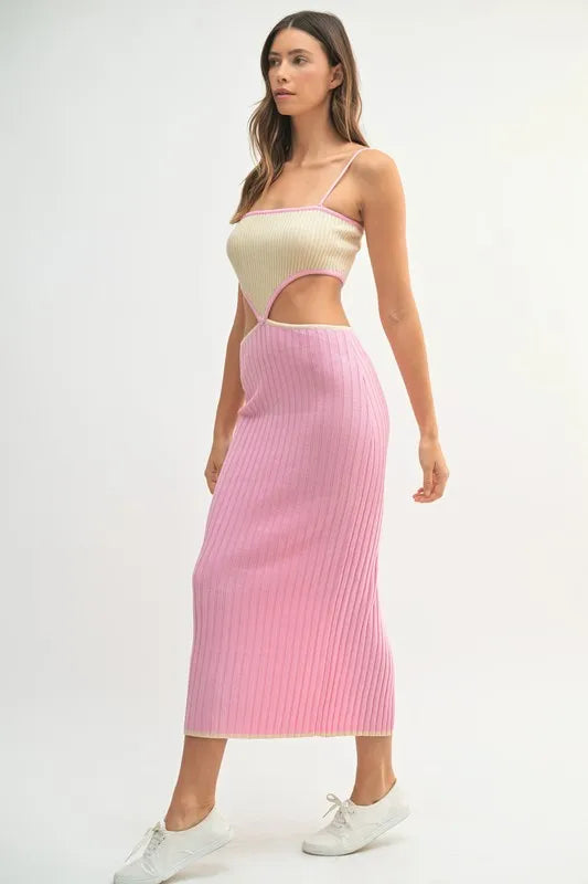 Ribbed Knit Color Block Cutout Midi Dress