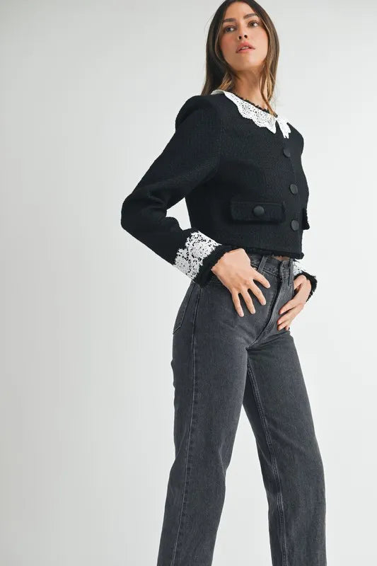 Lace Trim Collar Tweed Crop Jacket
