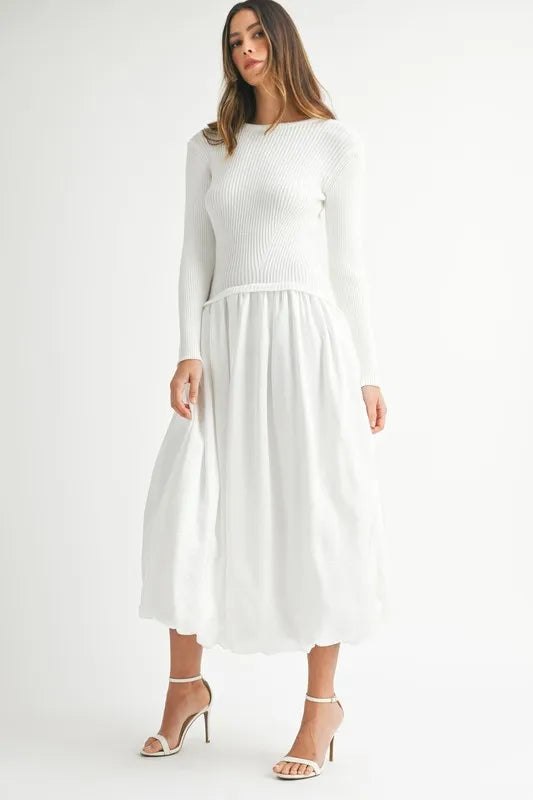 Ribbed Poplin Mix Midi Sweater Dress