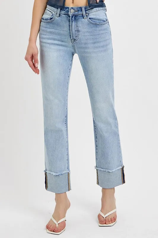 High Waist Relaxed Straight-Leg Cuffed Jeans