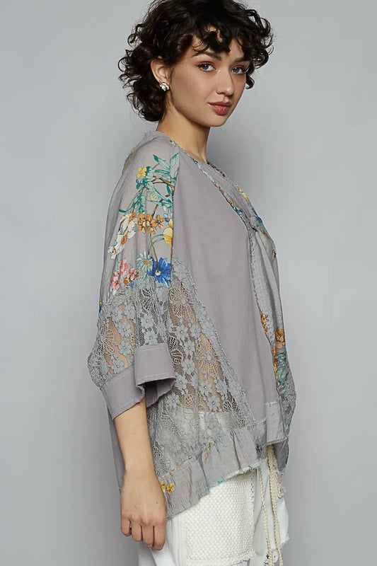 Delicate Lace Trim V-Neck Floral Tee with Raw Edges