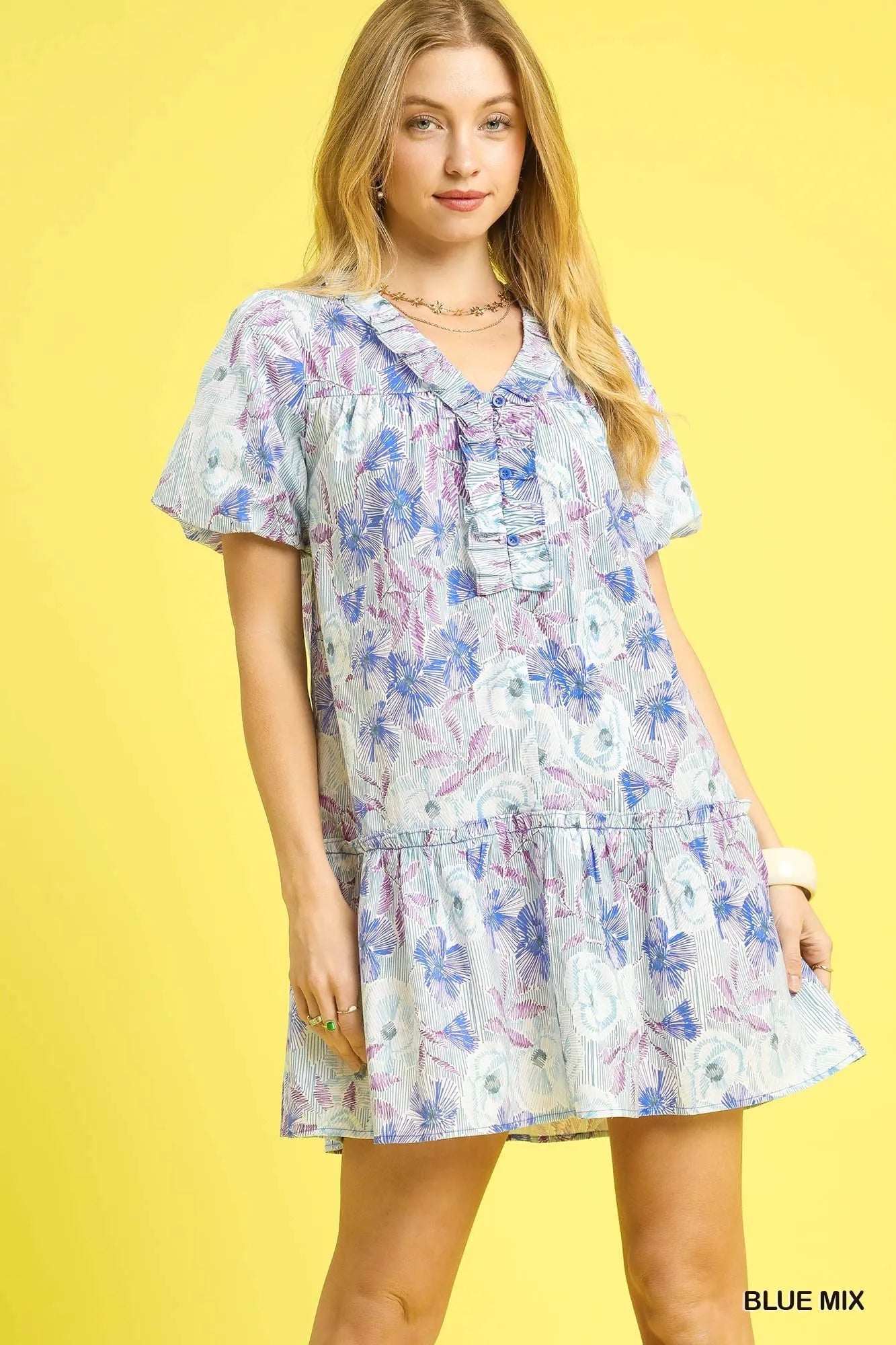 Whimsical Puff Sleeve Ruffled Floral Mini Dress