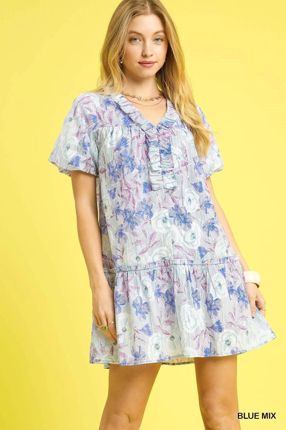Whimsical Puff Sleeve Ruffled Floral Mini Dress