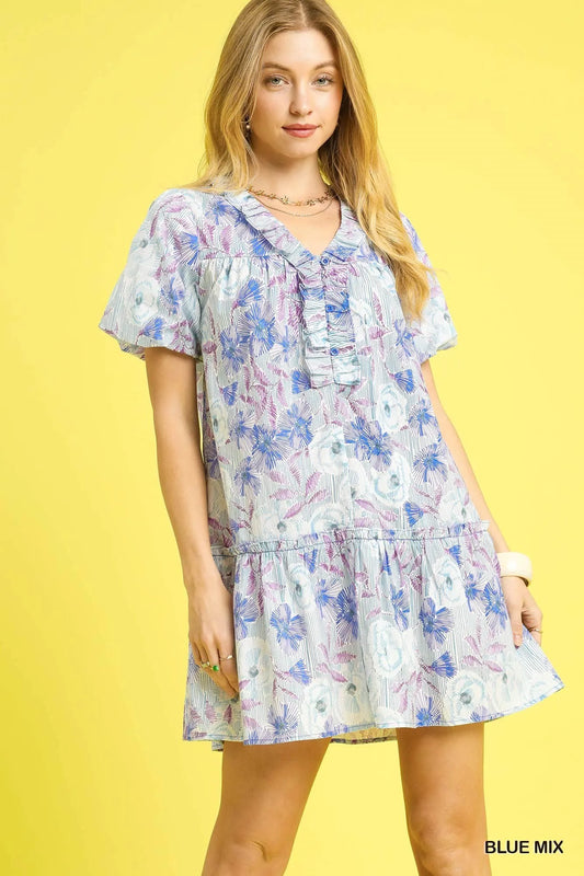 Whimsical Puff Sleeve Ruffled Floral Mini Dress