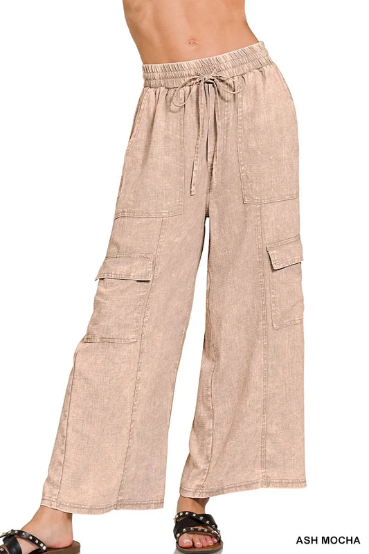 Washed Linen Elastic Band Waist Cargo Pants