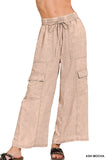 Washed Linen Elastic Band Waist Cargo Pants
