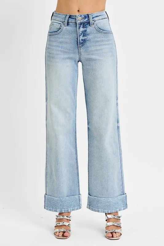 Full Size High Waist Ankle Wide Cuffed Jeans