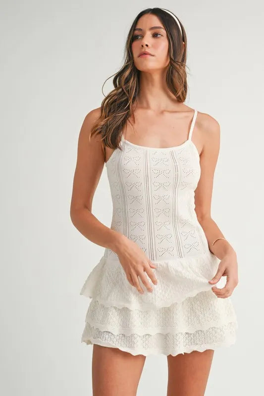 Bow Pointelle Knit Ruffle Mini Dress