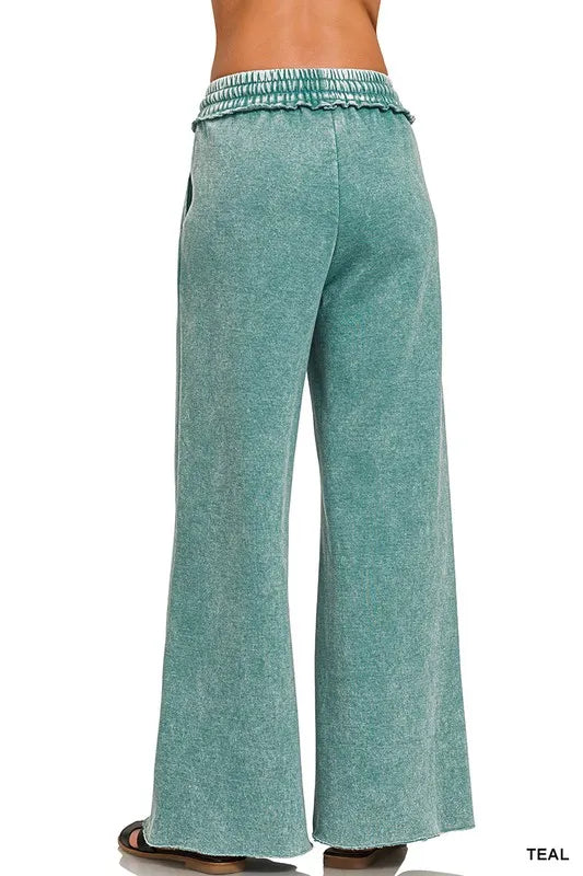 Acid Wash Fleece Palazzo Sweatpants with Pockets