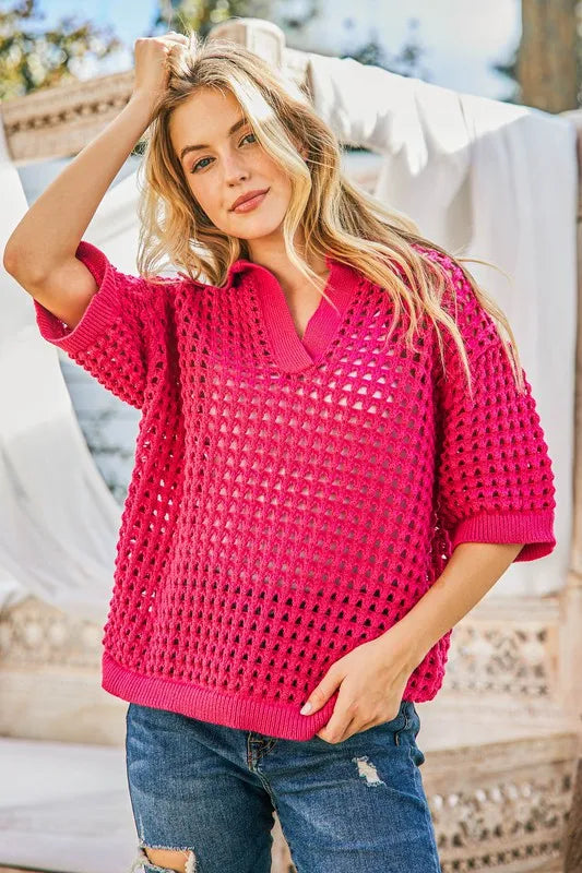 Hollow Out Polo Sweater Top