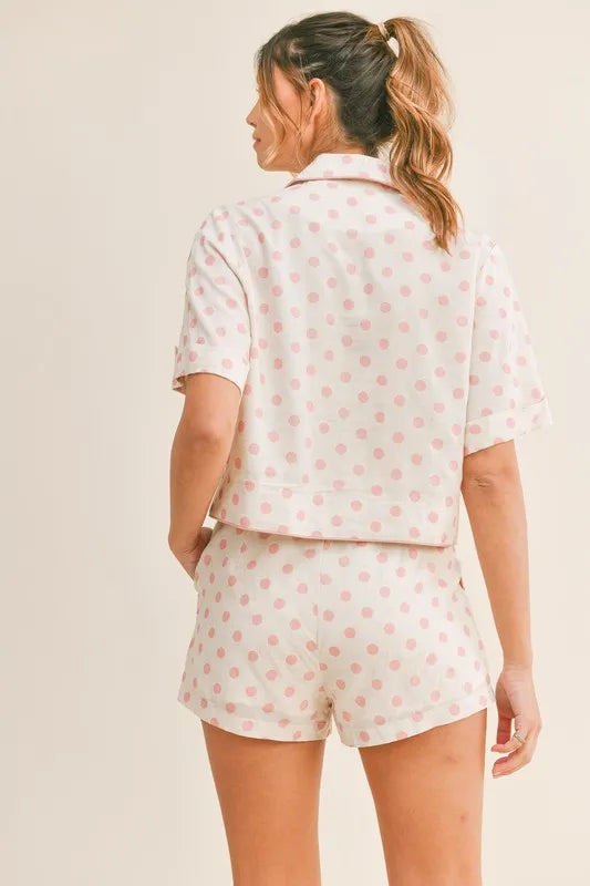 Polka Dot Collar Crop Top and Short Lounge Set