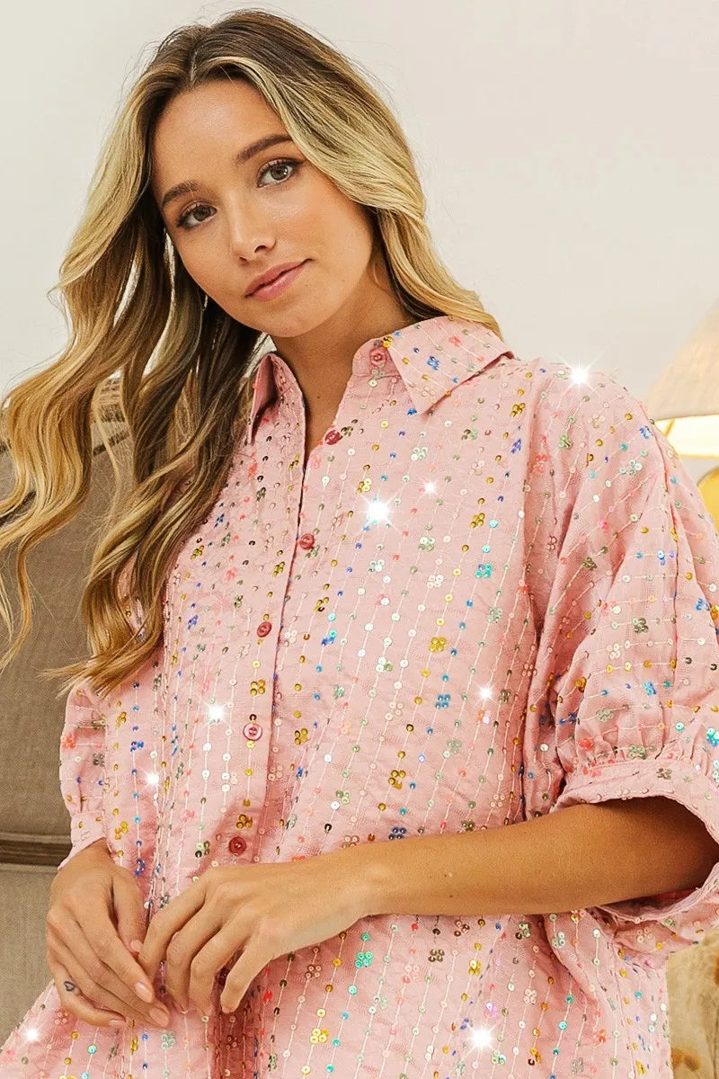 Sequin Striped Short Dolman Sleeve Blouse