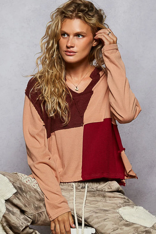 Notched Neck Long Sleeve Patterned Shirt
