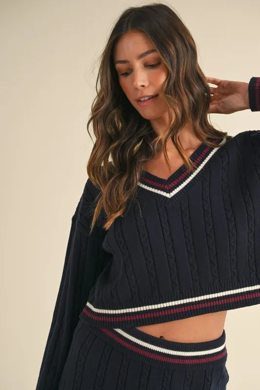 Cable-Knit Top and Pleated Skirt Sweater Set
