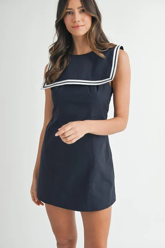Contrast Piping Square Sailor Collar Mini Dress