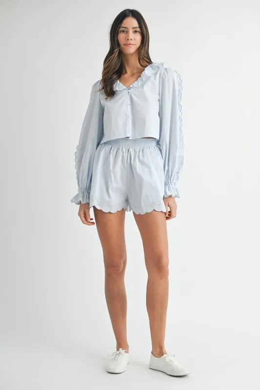 Long Sleeve Scallop Blouse and Shorts Set