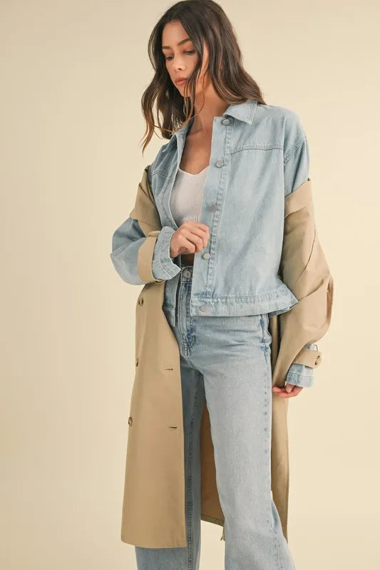 Layered Look Trench Coat With Denim Jacket