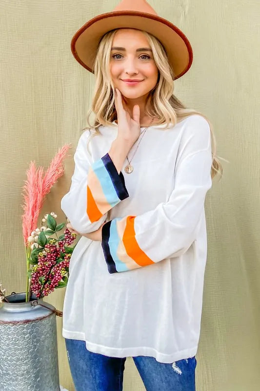 Color Stripe Sleeve Sweater Top