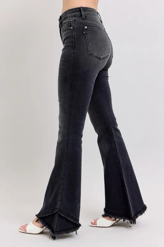 Full Size High Waist Flare W/ Mock Fray Tulip Hem Plus Size