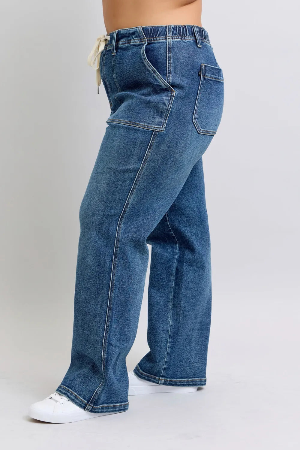 Plus Size High Waist Drawstring Wide Leg Jeans