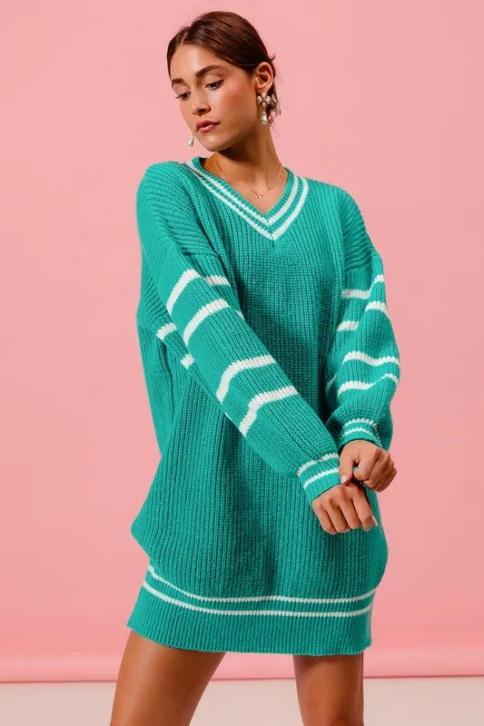 Loose V Neck Sweater Dress with Striped Sleeves