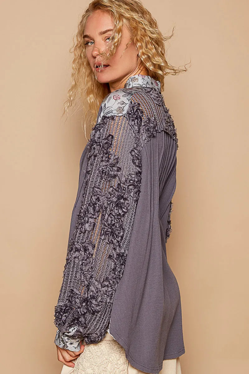 Romantic Lace Accent Floral Buttoned Long Sleeve Blouse