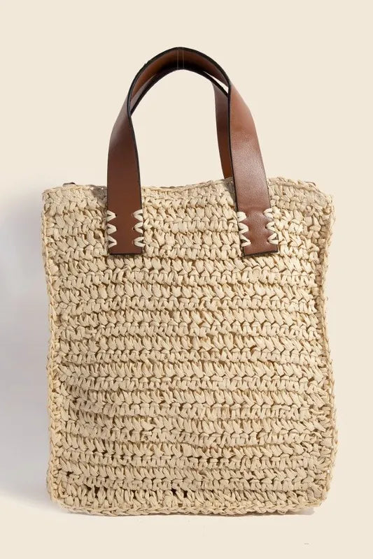 Faux Leather Handle Straw Braided Handbag