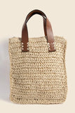 Faux Leather Handle Straw Braided Handbag