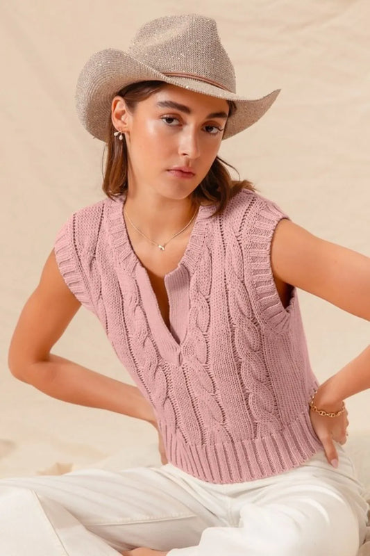 Notched Neck Cable Knit Sweater Vest