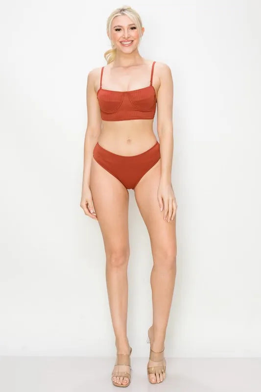 Ribbed Underwire Plunge Bikini Swimsuits