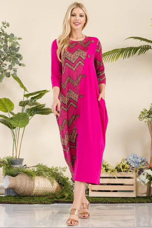 Full Size Geo Print Paneled Dress with Buttons Plus Size