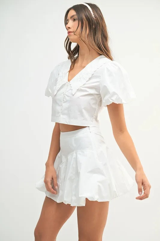 Puff Sleeve Button Down Top and Bubble Skirt Set
