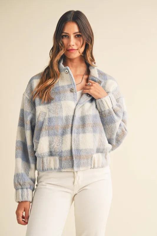 Plaid Print Fuzzy Bomber Jacket