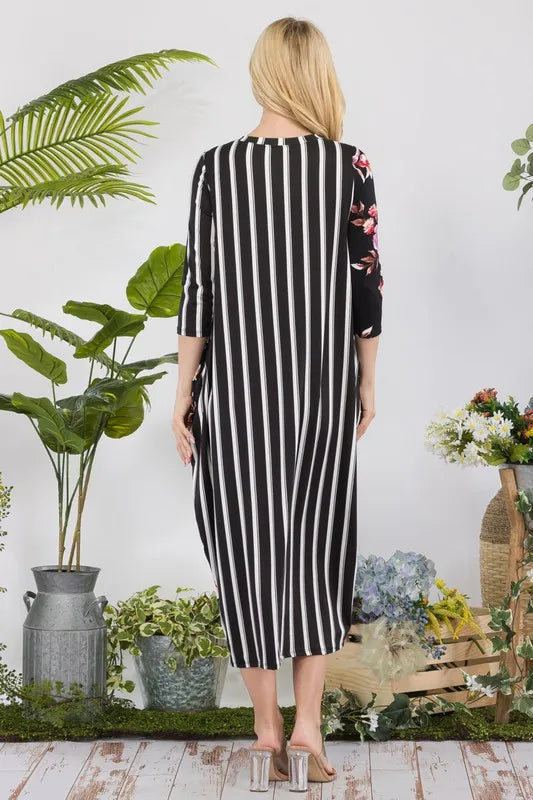 Full Size Stripe Floral Contrast Midi-Dress with Buttons Plus Size