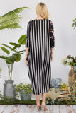Full Size Stripe Floral Contrast Midi-Dress with Buttons Plus Size