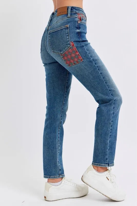 Full Size HW Plaid Patch Slim Fit Jeans Plus Size