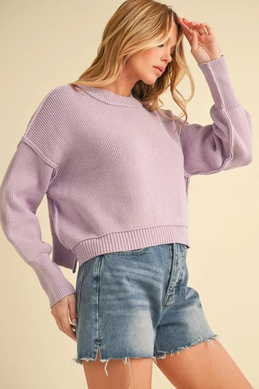 Ribbed Hem Exposed Seam Round Neck Sweater