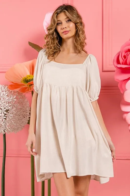 Washed Linen Tiered Midi Dress with Puff Sleeves
