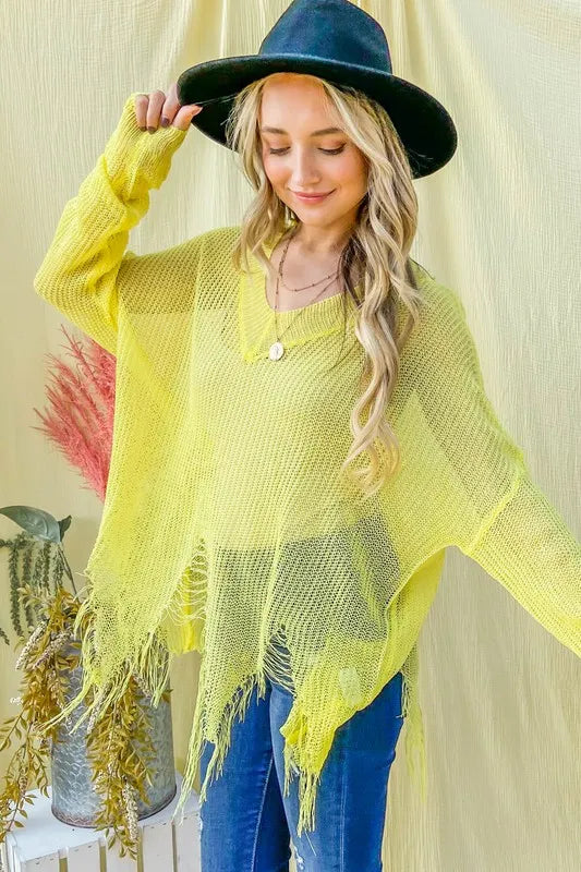 Distressed Mesh V Neck Spring Sweater Cover Up