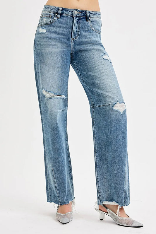 Mid Rise Wide Leg Tie Washed Relaxed Fit Jeans