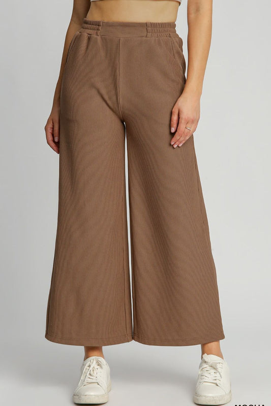 Full Size Ribbed Knit Elastic Waistband Wide Leg Pants Plus Size